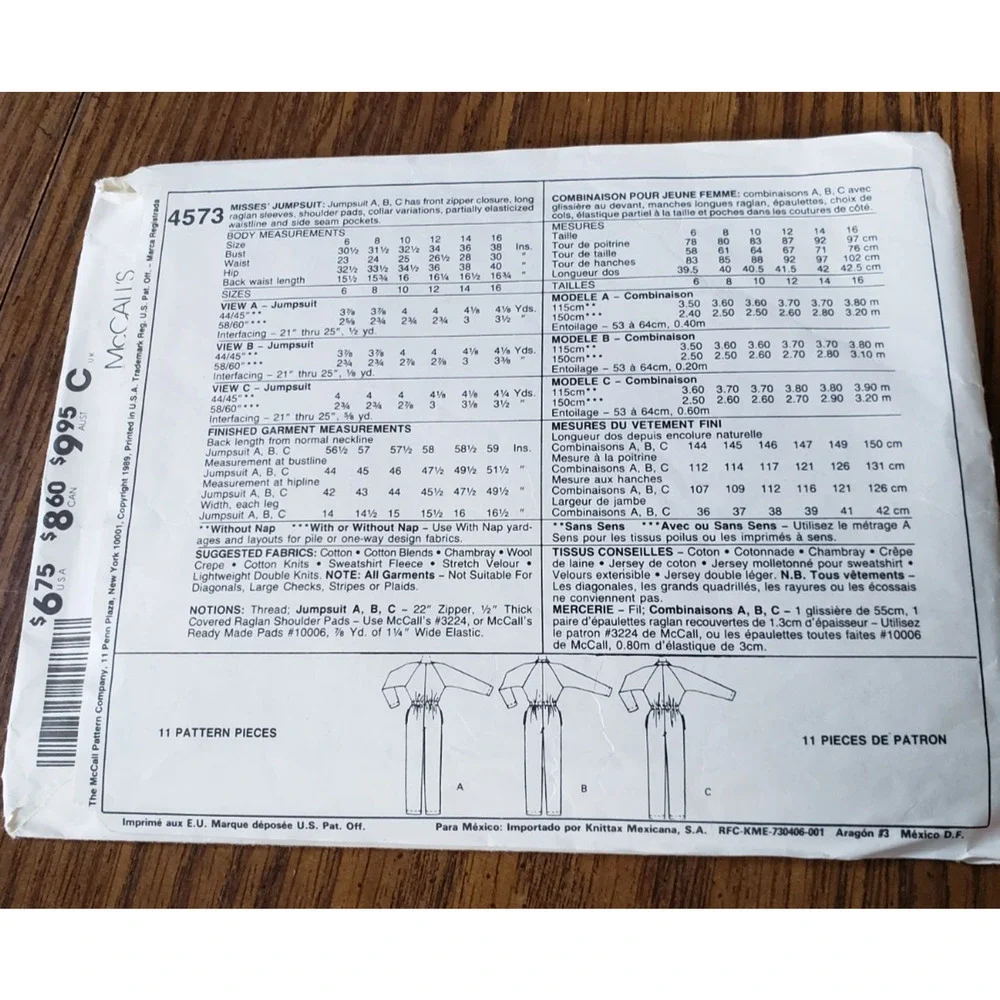 Easy McCall’s Sewing Pattern 4573 Misses Size 12 Jumpsuit Vintage